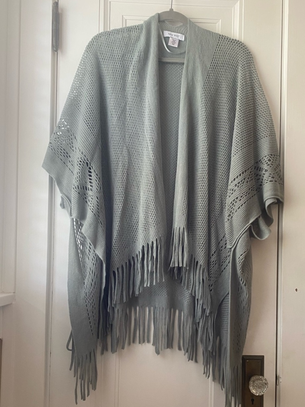 Nine West sage green open knit fringed ruana shawl one size OS